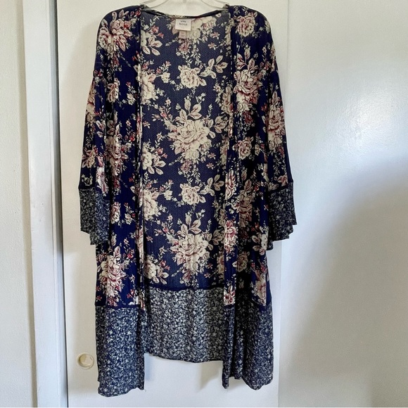 Dark Blue Floral Print Coverup, Loose Cardigan, Open Front Kimono size large - Picture 7 of 11
